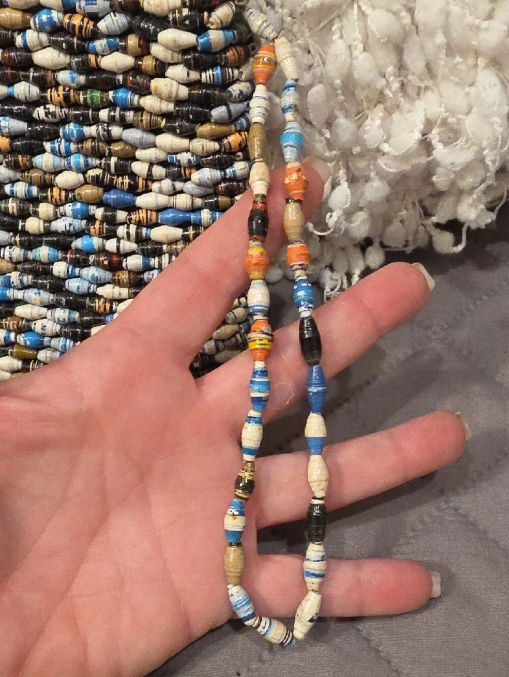 Handmade Paper Beaded Wristlet Clutch in Neutral, Brown & Blue - Picture 11 of 15